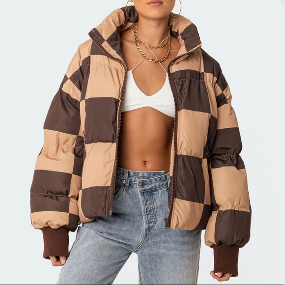 Edikted Jackets & Blazers - BROWN CHECKERED PUFFER JACKET